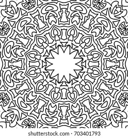 Coloring Adult Page. Black and White Seamless Pattern with Tribal Zentangle Mandala. Tribal Pattern for Coloring Book, Textile, Paper. Vector.