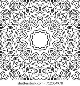 Coloring Adult Page. Black and White Seamless Pattern with Tribal Zentangle Mandala. Tribal Pattern for Coloring Book, Textile, Paper. Vector.