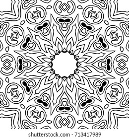 Coloring Adult Page. Black and White Seamless Pattern with Tribal Zentangle Mandala. Tribal Pattern for Coloring Book, Textile, Paper. Vector.