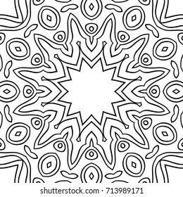 Coloring Adult Page. Black and White Seamless Pattern with Tribal Zentangle Mandala. Tribal Pattern for Coloring Book, Textile, Paper. Vector.
