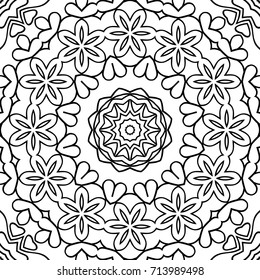 Coloring Adult Page. Black and White Seamless Pattern with Tribal Zentangle Mandala. Tribal Pattern for Coloring Book, Textile, Paper. Vector.