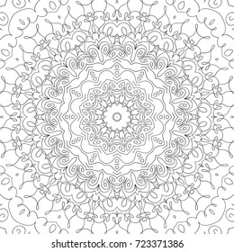 Coloring Adult Page. Black and White Seamless Pattern with Tribal Zentangle Mandala. Tribal Pattern for Coloring Book, Textile, Paper. Vector.
