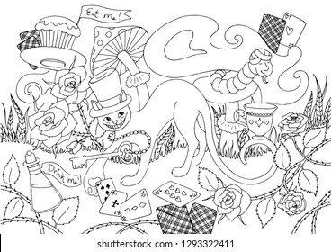 coloring for adults. alice in wonderland. cheshire cat