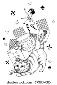coloring for adults. Alice in wonderland with  Chesire cat
