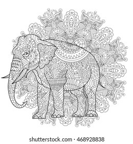 Coloring for adults, anti-stress / elephant in Indian style / Zentangl Tattoo style t-shirt, card