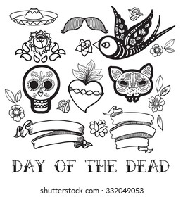 Coloring for adults  of Day of the Dead, a traditional holiday in Mexico. Skulls, flowers, ribbons, heart for the design of your products, labels