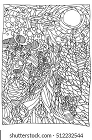 Coloring for adults with fantastic landscape. Variant in black-and-white.