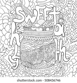 Coloring for adults / phrase / yogurt / black and white / lettering / healthy and sweet