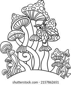 Coloring for adults: poisonous mushrooms, grebes, fly agarics, and a moth sitting on a mushroom