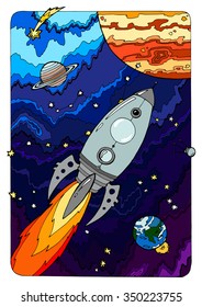coloring for adults; space theme; planets and space ship