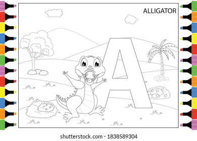 Coloring Alligator animal cartoon with the letter A, simple vector illustration