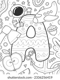 Coloring alphabet with English letter A. Children's coloring book with an astronaut, an apple, an axe, an airplane, an anchor, an acorn. Vector linear black and white illustration