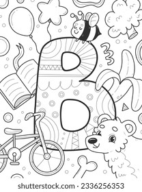 Coloring alphabet with English letter B. Children's coloring book with a bear, bee, balloons, book, banana, bicycle, bone, broccoli. Vector linear black and white illustration
