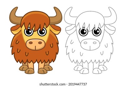 Coloring animal for children coloring book. Funny yak in a cartoon style. Trace the dots and color the picture