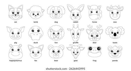 Coloring animals heads on isolated background. Vector collection  in a flat style