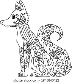 Coloring antistress beautiful fox. Coloring page for adults and children. Linear art, hand drawing. Vector. Isolated from the background.