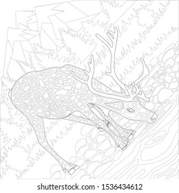 coloring antistress with deer on the background of mountains