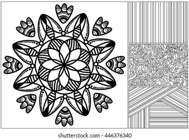 Coloring anti-stress. Doodle and lines Set. Vector illustration. Black and white.