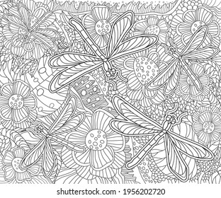 Coloring antistress. Floral nature pattern with dragonflies 