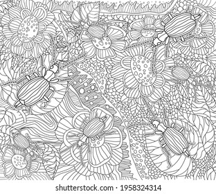 Coloring antistress. Floral nature pattern with beetles 