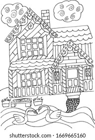 coloring antistress house by the river with swans and a bench