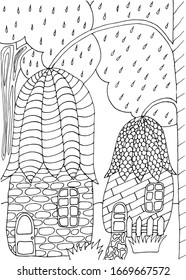 coloring antistress houses bells on the background of trees