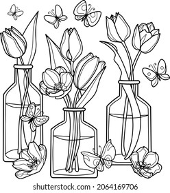 Coloring antistress page for adults and children. Tulips in water bottles surrounded by butterflies	