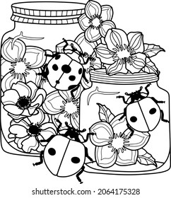 Coloring antistress page for adults and children. Two jars and a large light bulb with flowers and ladybirds