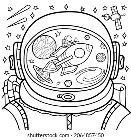 Coloring antistress page for adults and children. Reflection of the universe in an astronaut's helmet, space objects.	