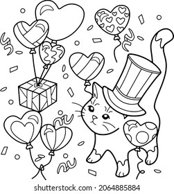 Coloring antistress page for adults and children. Romantic cat.	