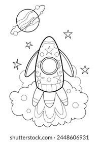 Página de antiestrés para colorear para adultos y niños.Nave espacial, planeta, estrellas, cohete, objetos espaciales. Espacios para colorear para niños. Ilustración vectorial