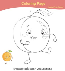 Coloring apricot page. Tropical Fruit coloring worksheet page. Educational printable colouring worksheet. Additional worksheet for kids. Vector illustration in cartoon style.