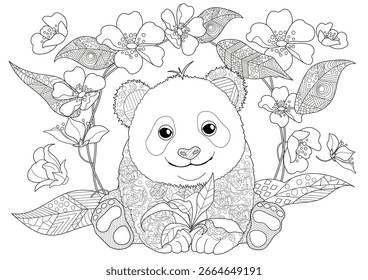 Colorear para terapia de arte. Animales panda y plantas de Asia. Un viaje tranquilo y educativo por el mundo con una colección de páginas para colorear.