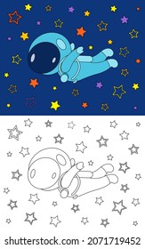 Coloring astronaut in space, coloring book for preschool kids with easy educational game level.Simple linear design.