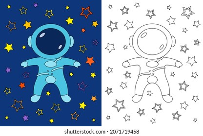 Coloring astronaut in space, coloring book for preschool kids with easy educational game level.Simple linear design.
