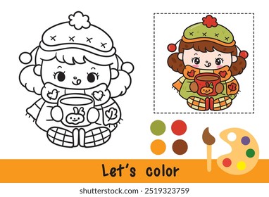 Coloring Autumn girl fall season with giant mushroom. Activity pages for kids. Kawaii drawing November (harvest festival) character adorable child. Perfect make a wish for child party.
