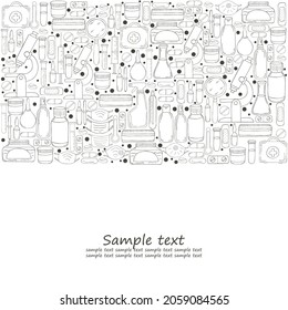 Coloring banner. Laboratory assistant doctor tools set in hand draw style. Analysis tools, virus search. Doctor's case, microscope, tools