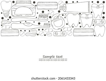 Cartel de color. Conjunto de elementos para el cuidado de la cavidad oral con estilo de dibujo a mano. Limpieza de dientes, salud dental. Dientes, hilo, cepillo, pegar