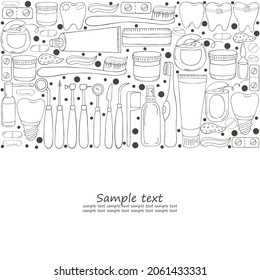 Coloring, banner, text. Set of elements for the care of the oral cavity in hand draw style. Teeth cleaning, dental health, dental instruments