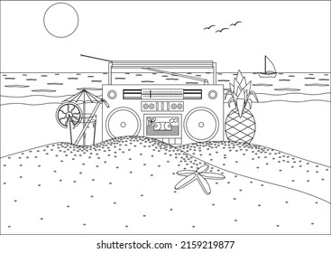 Coloring of the beach, sun, sea, summer, yacht. On the beach boombox, juice, pineapple, starfish. Rest, tourism, vacation.