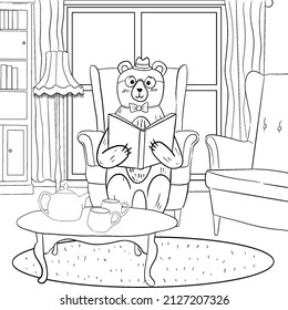 Eine Bärenkuppe zu färben liest ein Buch und trinkt Tee. Vektorgrafik