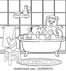 Coloring the bear cub takes a bubble bath. Vector illustration