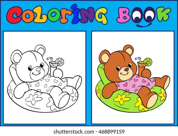 Coloring, Bear on the beach. Cartoon Vector Illustration.