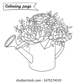 Coloring, beautiful watering can with flowers, great design for any purpose. Vector illustration.