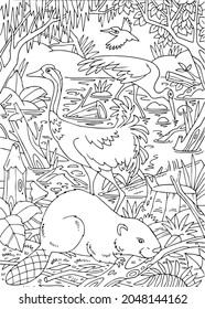 Coloring. Beaver and birds by the river. Outline animals and forest. Vector illustration.