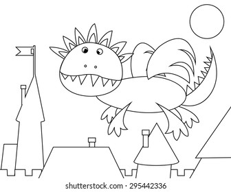 coloring with big smile  dragon flying over the city