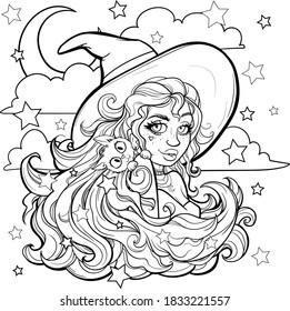 Coloring Black Outline Girl Witch Sorceress Stock Vector (Royalty Free ...