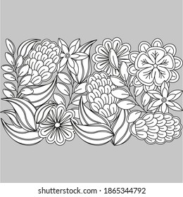 coloring with black outlines for recreation with plant elements for adults and children