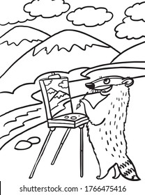 coloring in black and white, badger draws mountains