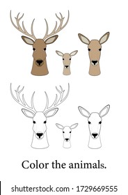 Coloring.  Black and white deer snouts and color swatches. A male deer with large horns, a female deer and a baby deer on a white background. The symbol of the new year. Pet Santa Claus.